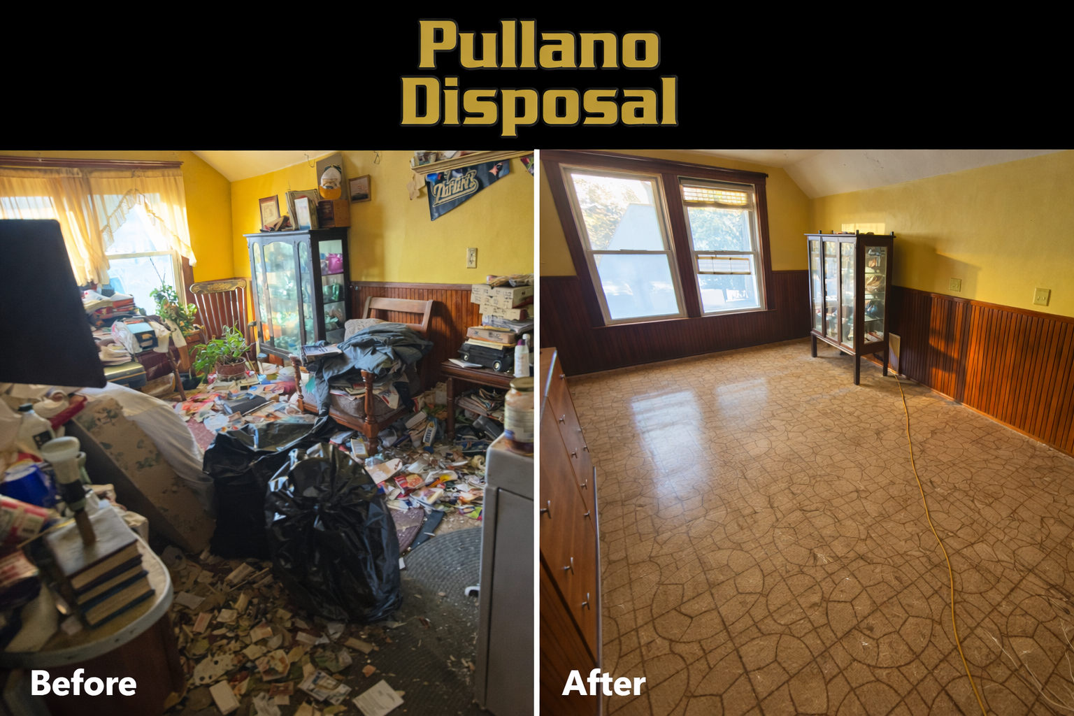 Junk removal before and after - living room cleanout